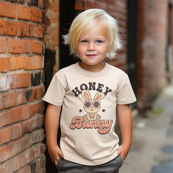 Groovy Honey Bunny Cute Girls & Boys Retro Easter Natural Graphic Tee - Picture 4 of 4